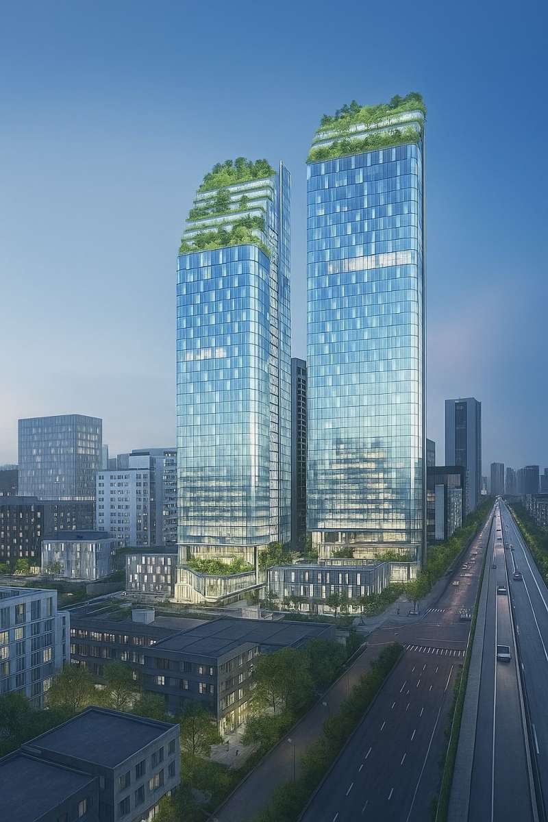 新美齊與允將建設聯手送審的南屯區惠仁段新案(原BMW保養廠基地),地上52層、地下8層,採雙塔設計搭配垂直綠化與玻璃帷幕,建築高度201.8公尺,此為3D外觀示意圖。(圖/業者提供)